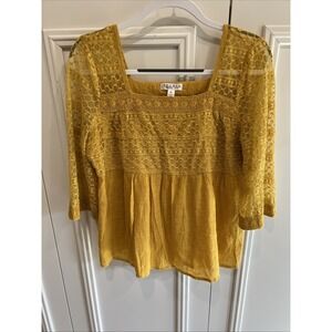 Mustard Yellow Embroidered Mesh Lace Babydoll Peasant Top Boho Cottagecore